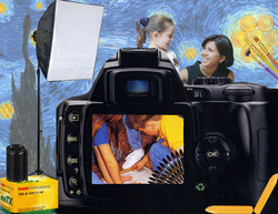 Image of camera with children in the view finder. A teacher talking to a student. A studio lighting the area. Film box and film.